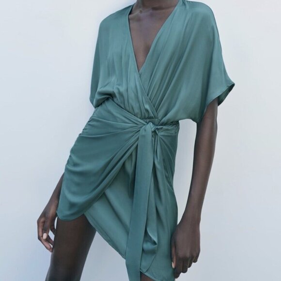 ZARA Women's Small Sea Green Satin Effect Faux Wrap Party Cocktail Mini Dress - Picture 2 of 14